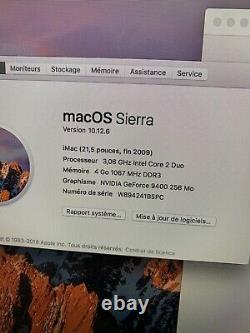 Apple iMac 21,5 fin 2009, Intel Core 2 Duo, 3,06GHz, 4Go RAM, 500Go HDD, NVIDIA