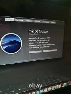 MacBook Pro 9.2 13 pouces de 2012 Intel Core i5 2.5GHz ram 4go Os Mojave Querty